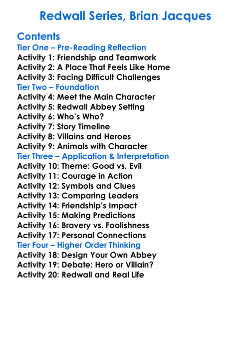 Redwall Series Brian Jacques Worksheet Activity Booklet