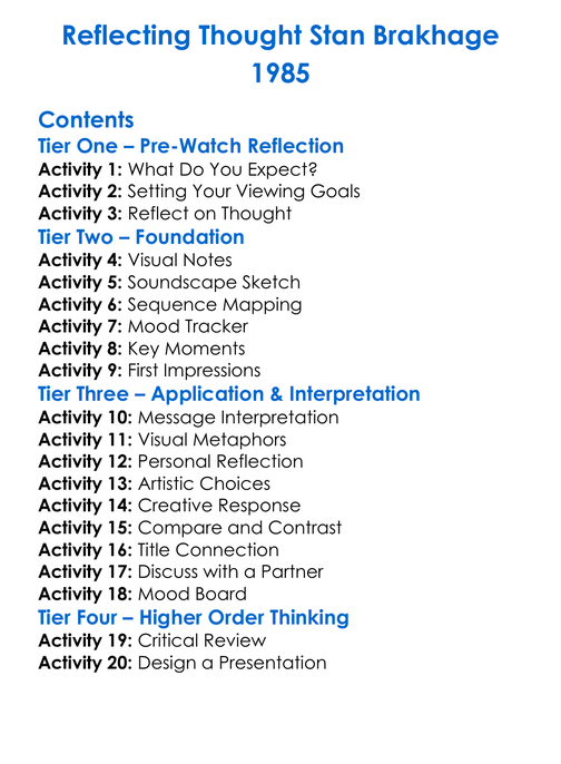 Reflecting Thought Stan Brakhage 1985 Worksheet Activity Booklet
