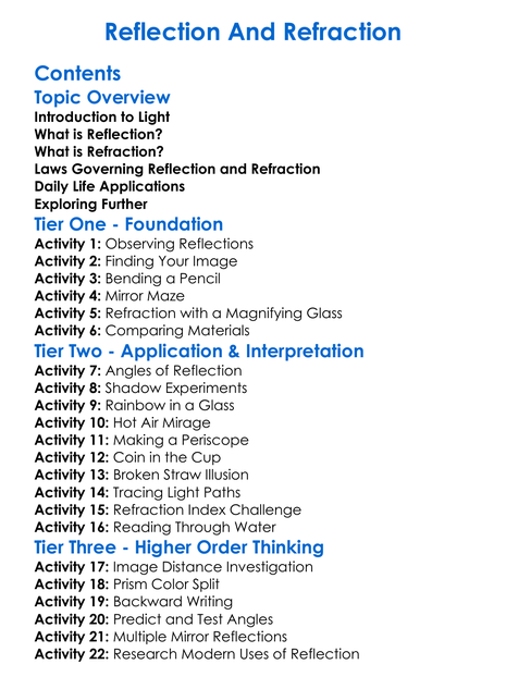 Reflection And Refraction Worksheet Activity Booklet