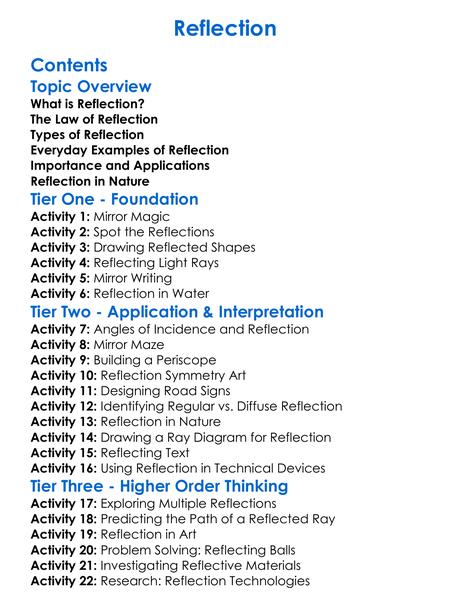 Reflection Worksheet Activity Booklet