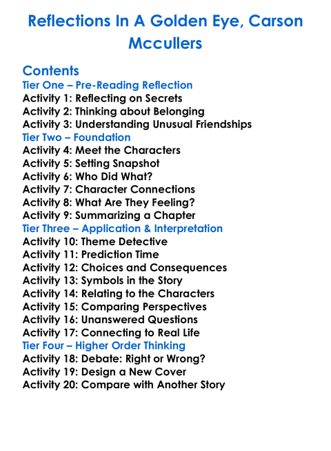 Reflections In A Golden Eye Carson Mccullers Worksheet Activity Booklet
