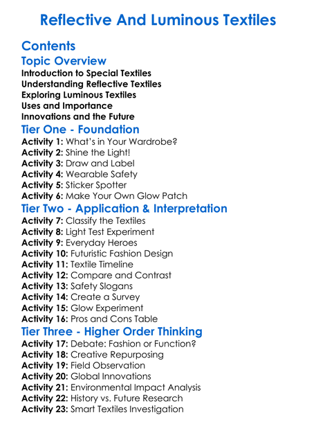 Reflective And Luminous Textiles Worksheet Activity Booklet