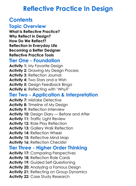 Reflective Practice In Design Worksheet Activity Booklet