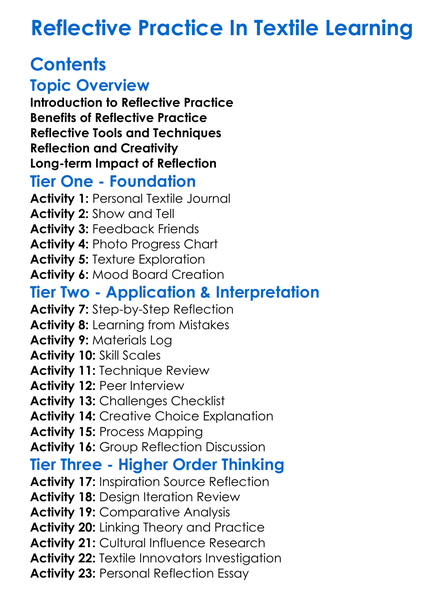Reflective Practice In Textile Learning Worksheet Activity Booklet
