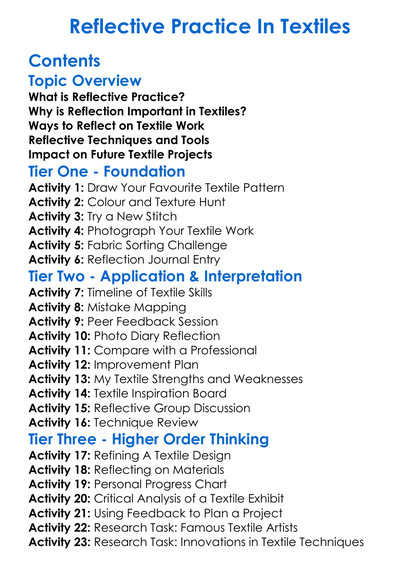 Reflective Practice In Textiles Worksheet Activity Booklet