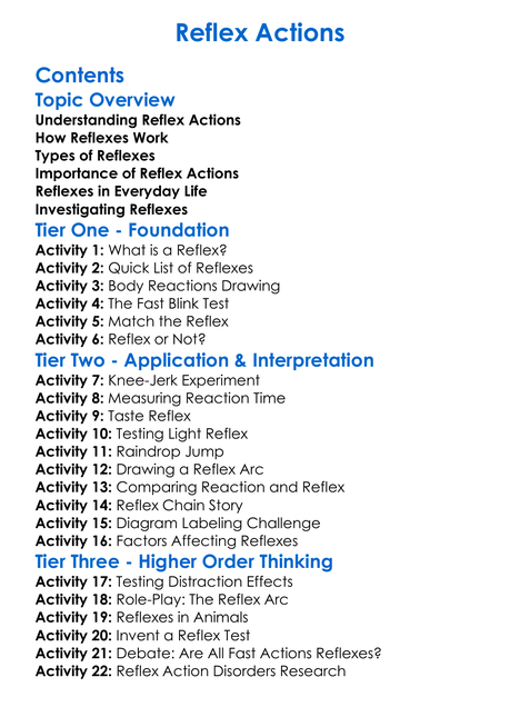 Reflex Actions Worksheet Activity Booklet