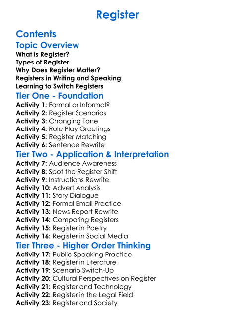 Register Worksheet Activity Booklet