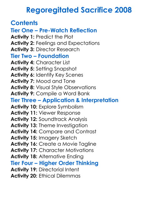 Regoregitated Sacrifice 2008 Worksheet Activity Booklet