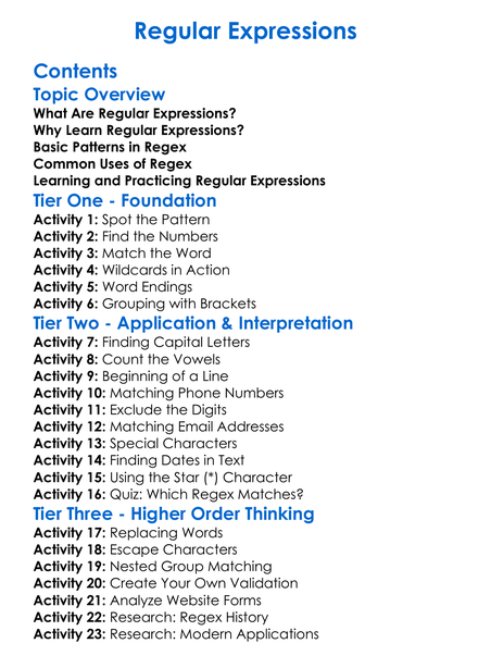 Regular Expressions Worksheet Activity Booklet