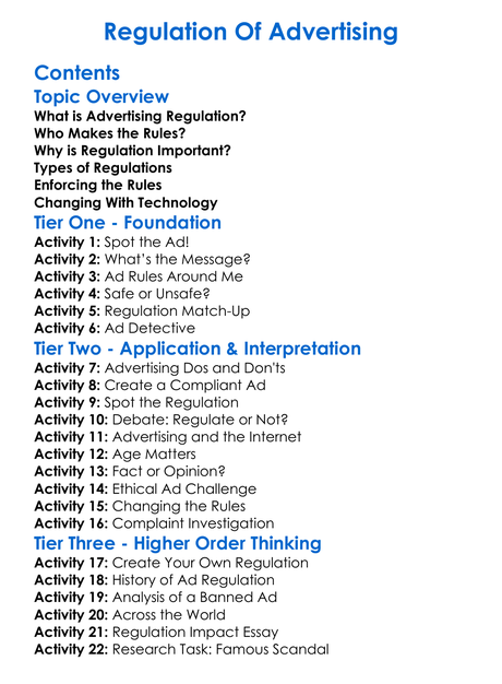Regulation Of Advertising Worksheet Activity Booklet