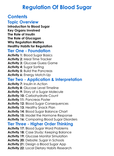 Regulation Of Blood Sugar Worksheet Activity Booklet
