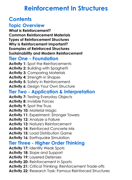 Reinforcement In Structures Worksheet Activity Booklet