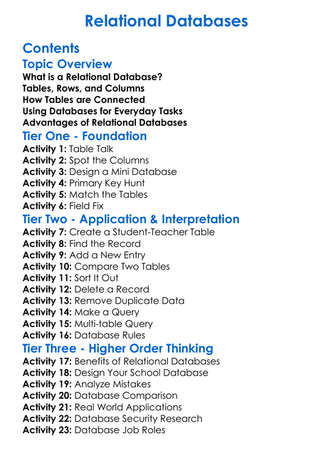 Relational Databases Worksheet Activity Booklet