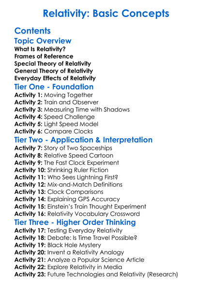 Relativity Basic Concepts Worksheet Activity Booklet
