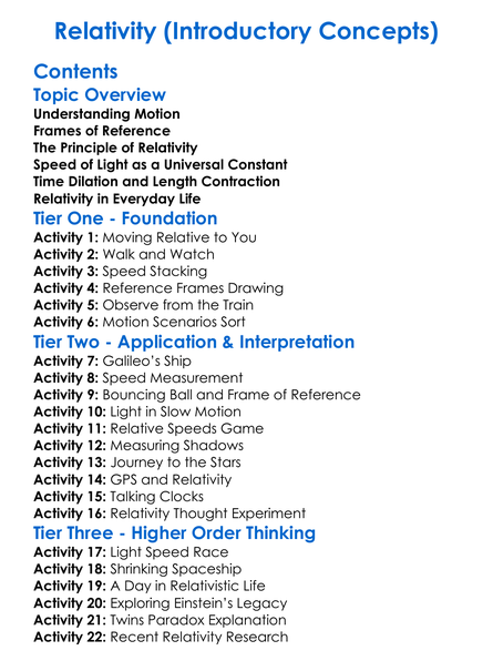 Relativity Introductory Concepts Worksheet Activity Booklet