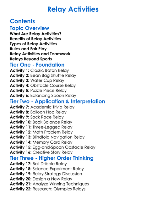 Relay Activities Worksheet Activity Booklet