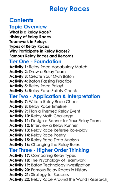 Relay Races Worksheet Activity Booklet