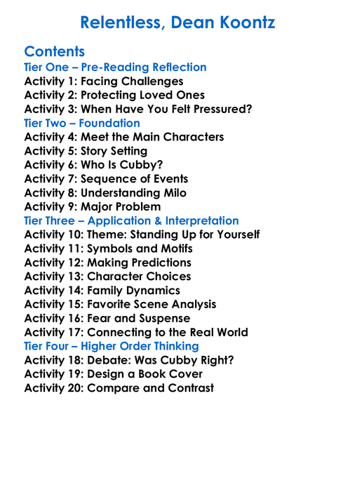 Relentless Dean Koontz Worksheet Activity Booklet