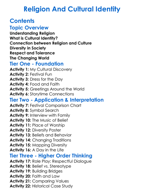 Religion And Cultural Identity Worksheet Activity Booklet
