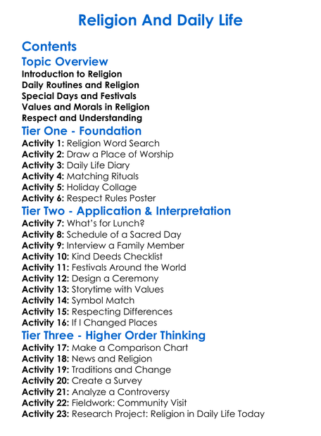 Religion And Daily Life Worksheet Activity Booklet