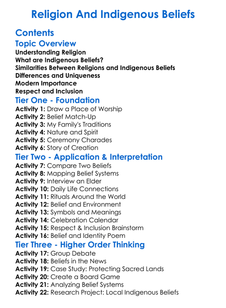 Religion And Indigenous Beliefs Worksheet Activity Booklet