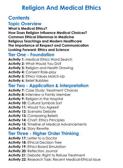 Religion And Medical Ethics Worksheet Activity Booklet