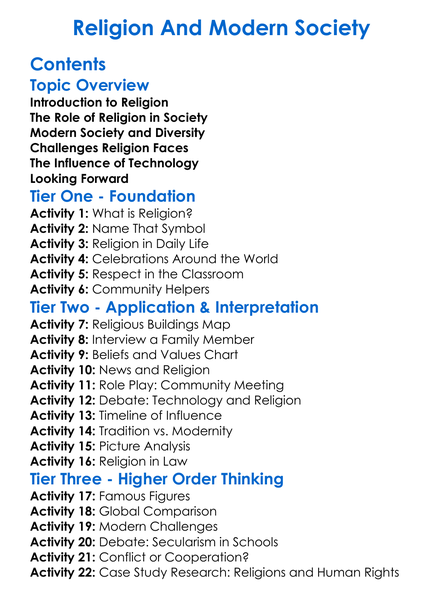 Religion And Modern Society Worksheet Activity Booklet