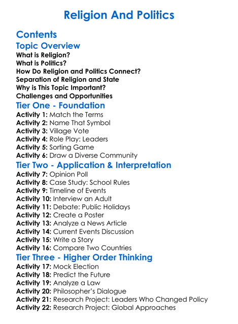 Religion And Politics Worksheet Activity Booklet