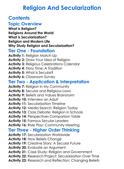 Religion And Secularization Worksheet Activity Booklet