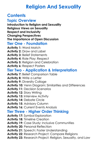 Religion And Sexuality Worksheet Activity Booklet