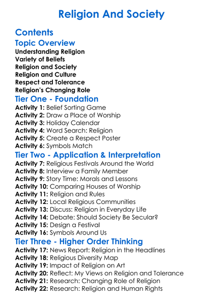 Religion And Society Worksheet Activity Booklet