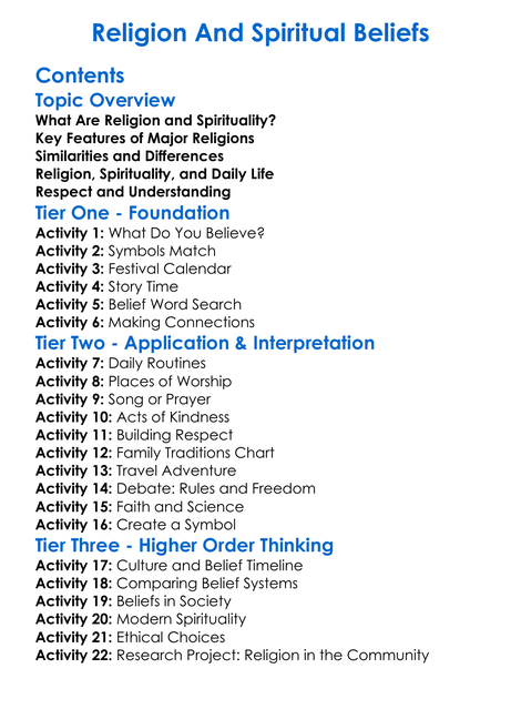 Religion And Spiritual Beliefs Worksheet Activity Booklet