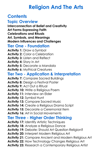 Religion And The Arts Worksheet Activity Booklet