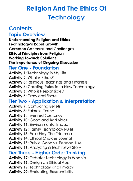 Religion And The Ethics Of Technology Worksheet Activity Booklet