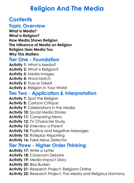 Religion And The Media Worksheet Activity Booklet