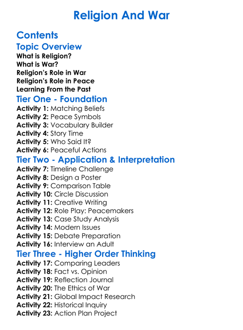 Religion And War Worksheet Activity Booklet