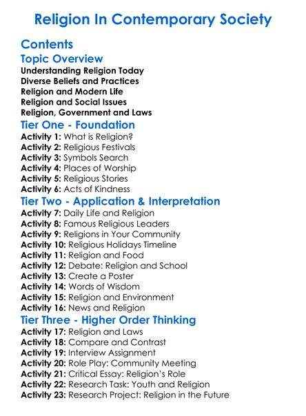 Religion In Contemporary Society Worksheet Activity Booklet