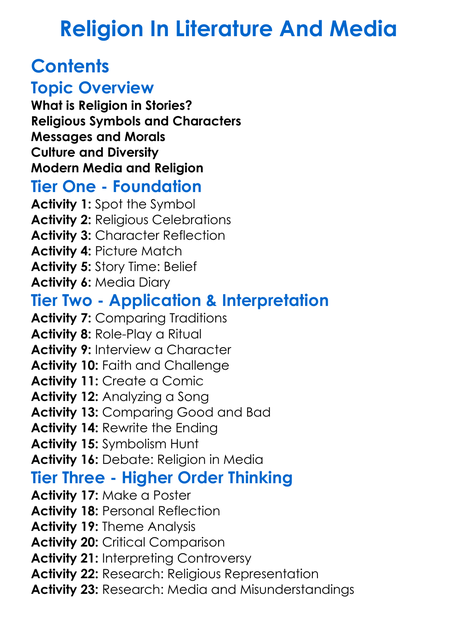Religion In Literature And Media Worksheet Activity Booklet