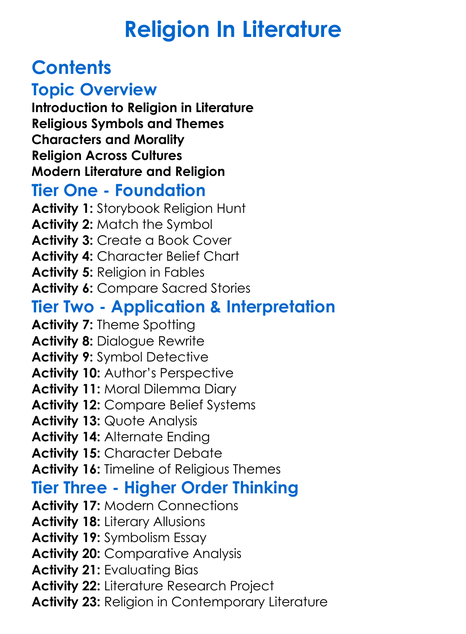 Religion In Literature Worksheet Activity Booklet