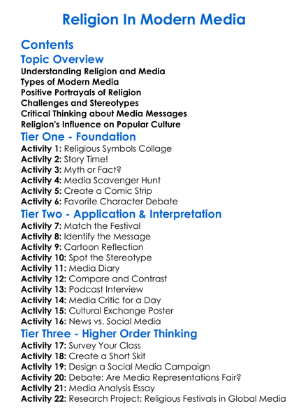 Religion In Modern Media Worksheet Activity Booklet