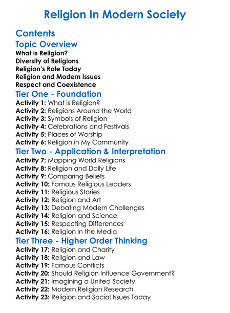 Religion In Modern Society Worksheet Activity Booklet