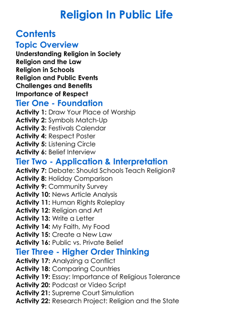 Religion In Public Life Worksheet Activity Booklet
