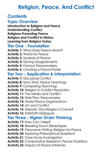 Religion Peace And Conflict Worksheet Activity Booklet