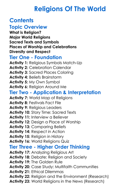 Religions Of The World Worksheet Activity Booklet