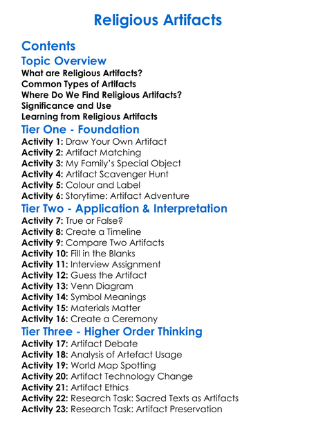Religious Artifacts Worksheet Activity Booklet