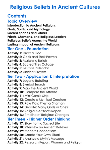 Religious Beliefs In Ancient Cultures Worksheet Activity Booklet
