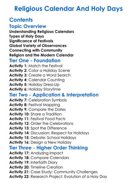 Religious Calendar And Holy Days Worksheet Activity Booklet