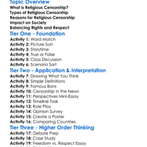 Religious Censorship Worksheet Activity Booklet