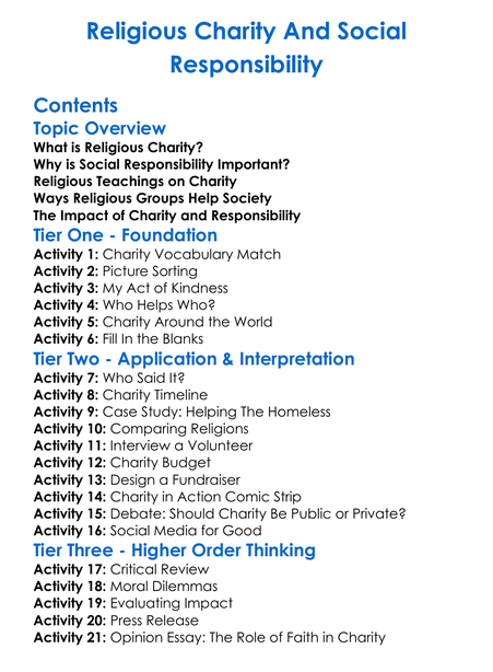 Religious Charity And Social Responsibility Worksheet Activity Booklet