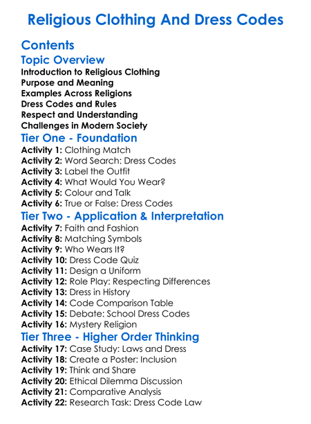 Religious Clothing And Dress Codes Worksheet Activity Booklet